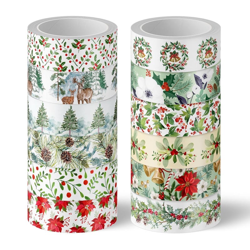Whaline 12 Rolls Christmas Floral Washi Tape Xmas Watercolor Berry Holly Leaves Pine Cones Elk Bell Plants Masking Tape Winter Holiday Decorative Tape for Scrapbook Journal DIY Craft Gift Wrapping - Image 1